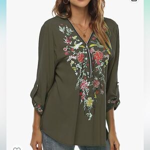 Grosy Loose Fit Floral Embroidered Boho top NWT color olive green L V Neck